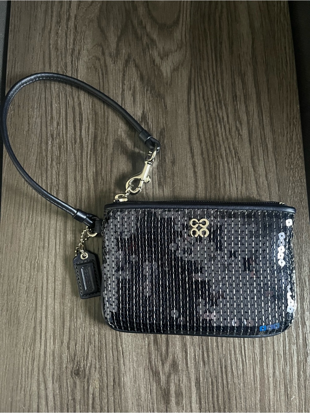 Coach Y2K Blue/Black Sequin Wristlet Signature C Sparkle Mini Bag EUC